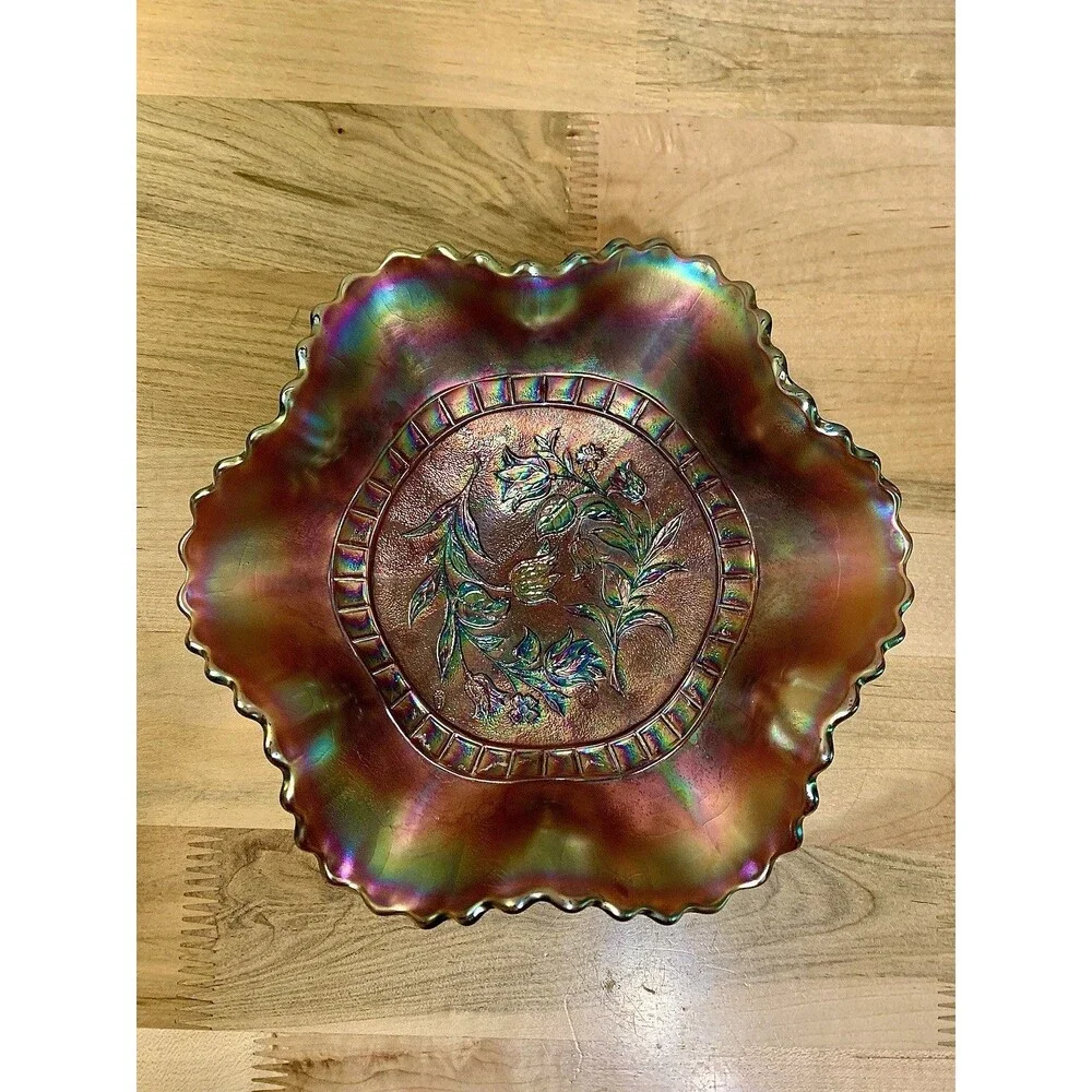 Antique Dugan Amethyst Windflower Iridescent Carnival Glass Ruffled Bowl 8